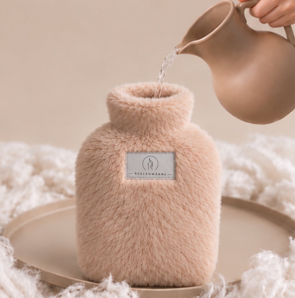 Wasser wird aus einem Krug in die Wärmflasche im Flauschbezug in Caramel Beige gegossen